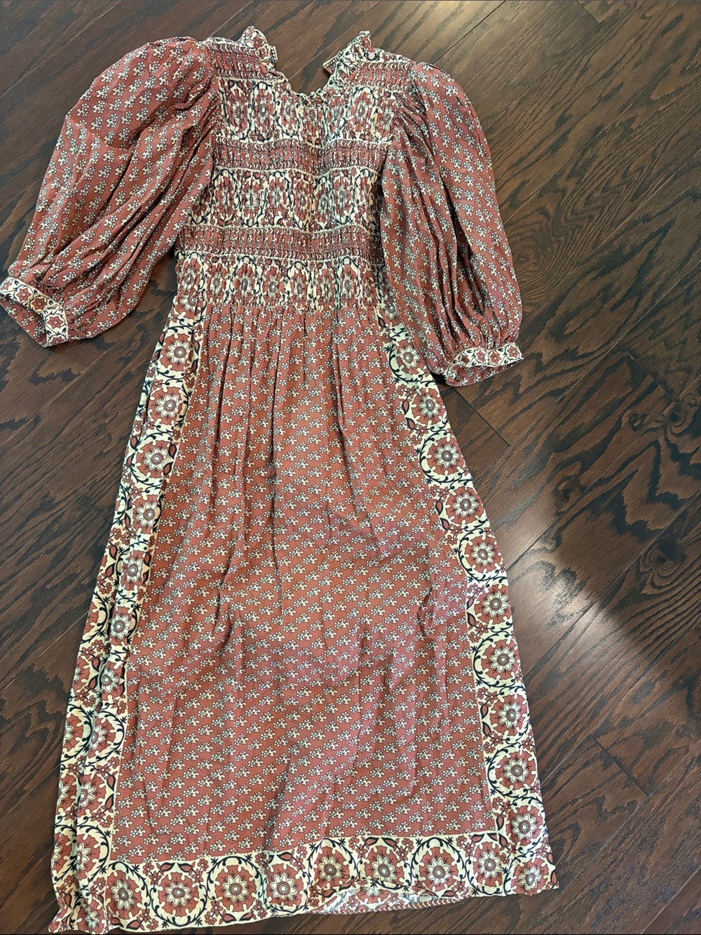 Bohemian Rust Floral Smocked Midi Dress